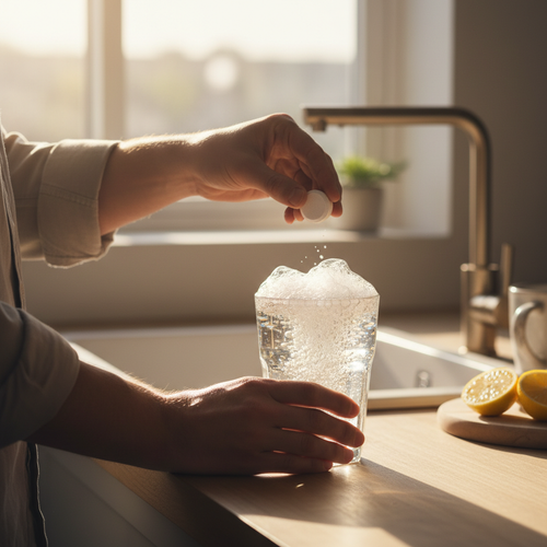 Person dropping effervescent tablet into glass of water