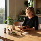 Mature adult preparing daily longevity supplements with herbal tea at dining table