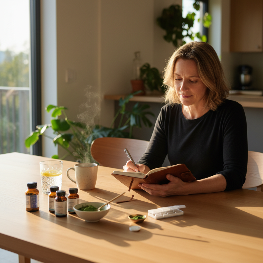 Mature adult preparing daily longevity supplements with herbal tea at dining table
