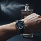 Lifestyle image - man's wrist with luxury watch and cologne mist in background, dramatic editorial men's fragrance photography for visual context only