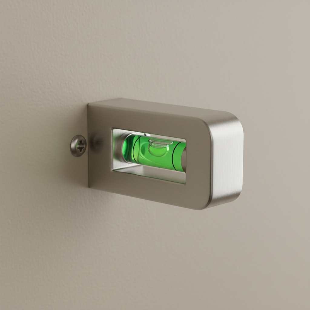 Close-up of green spirit bubble level centered inside sleek steel wall bracket