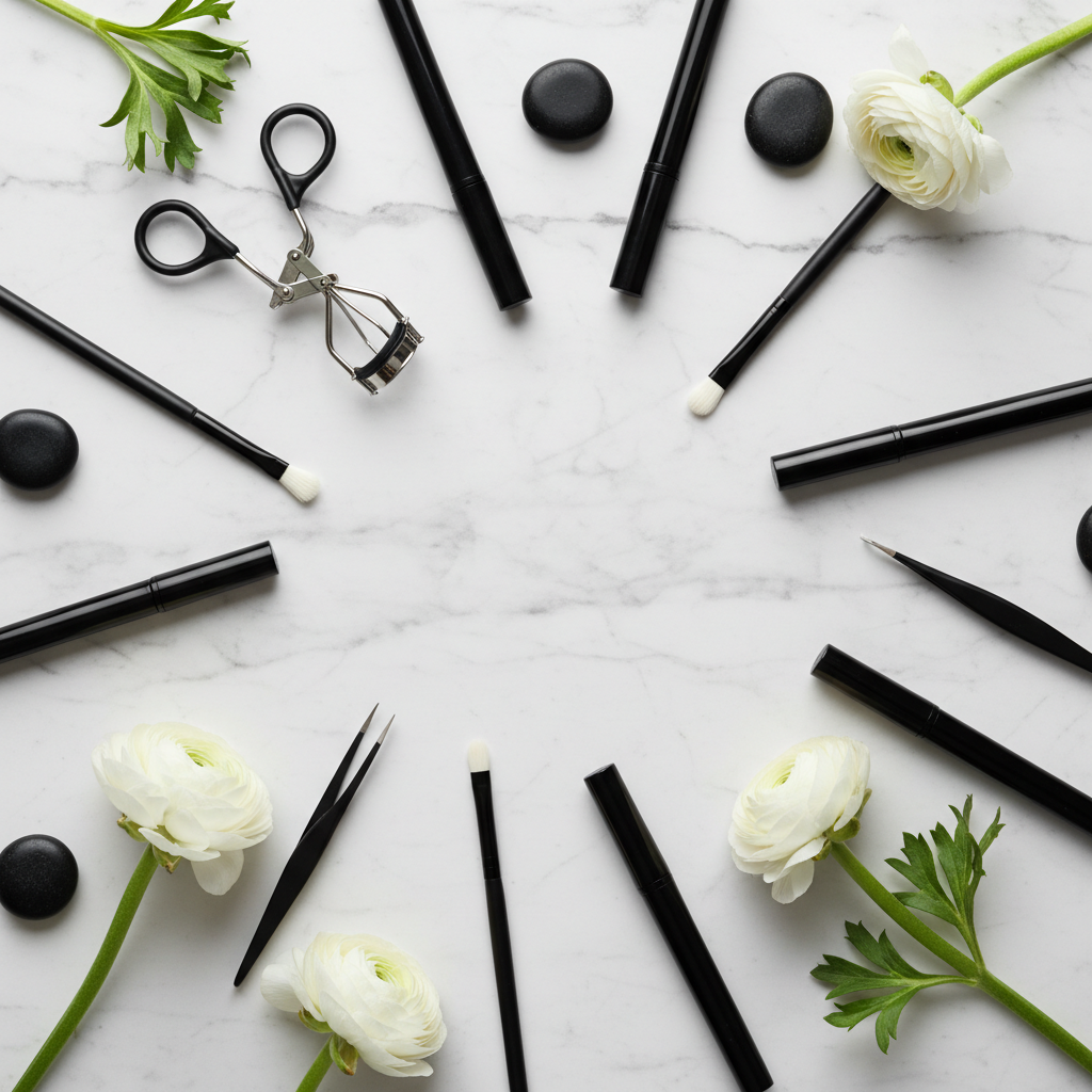 Flat lay of liquid eyeliner pens and eye makeup tools on white marble with white flowers
