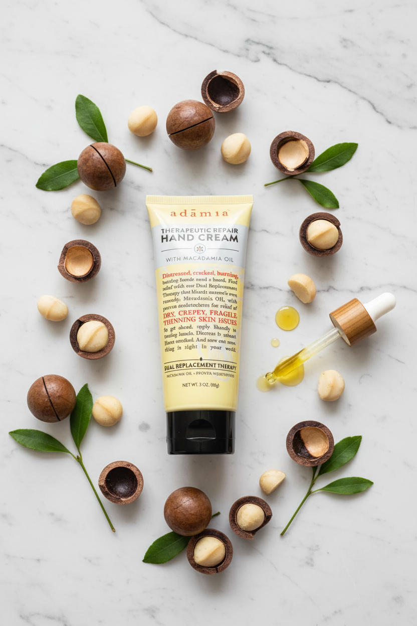 Adamia hand cream flat lay with macadamia nuts green leaves and oil dropper