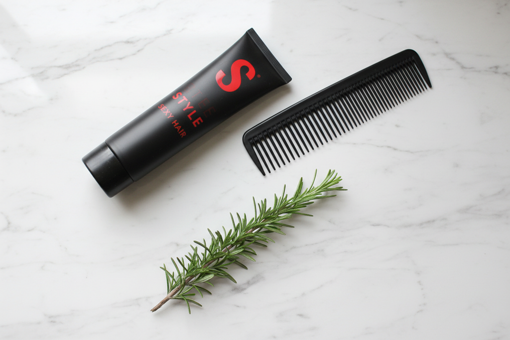 Sexy Hair Style Slept In tube flat lay with comb and rosemary on marble lifestyle photo