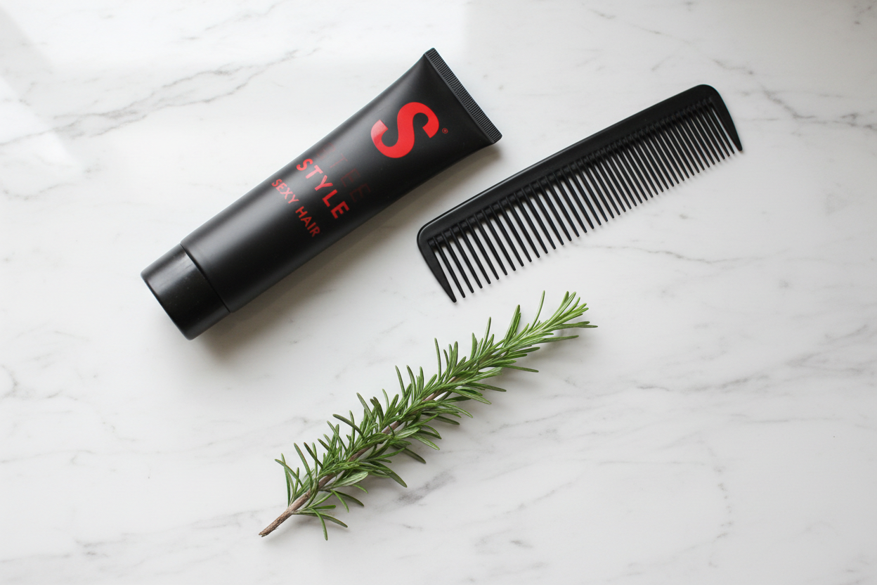 Sexy Hair Style Slept In tube flat lay with comb and rosemary on marble lifestyle photo