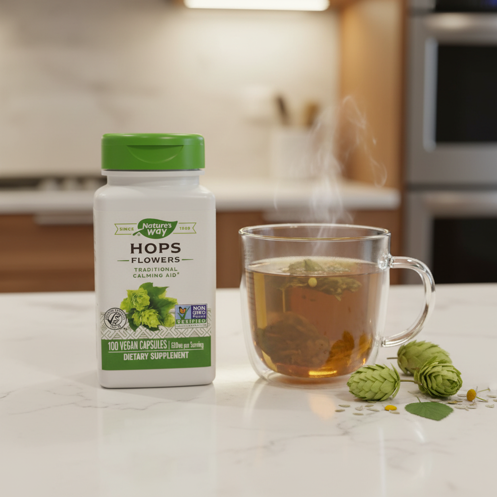Nature's Way Hops Flowers bottle on minimalist white quartz kitchen counter alongside a relaxing cup of herbal evening tea