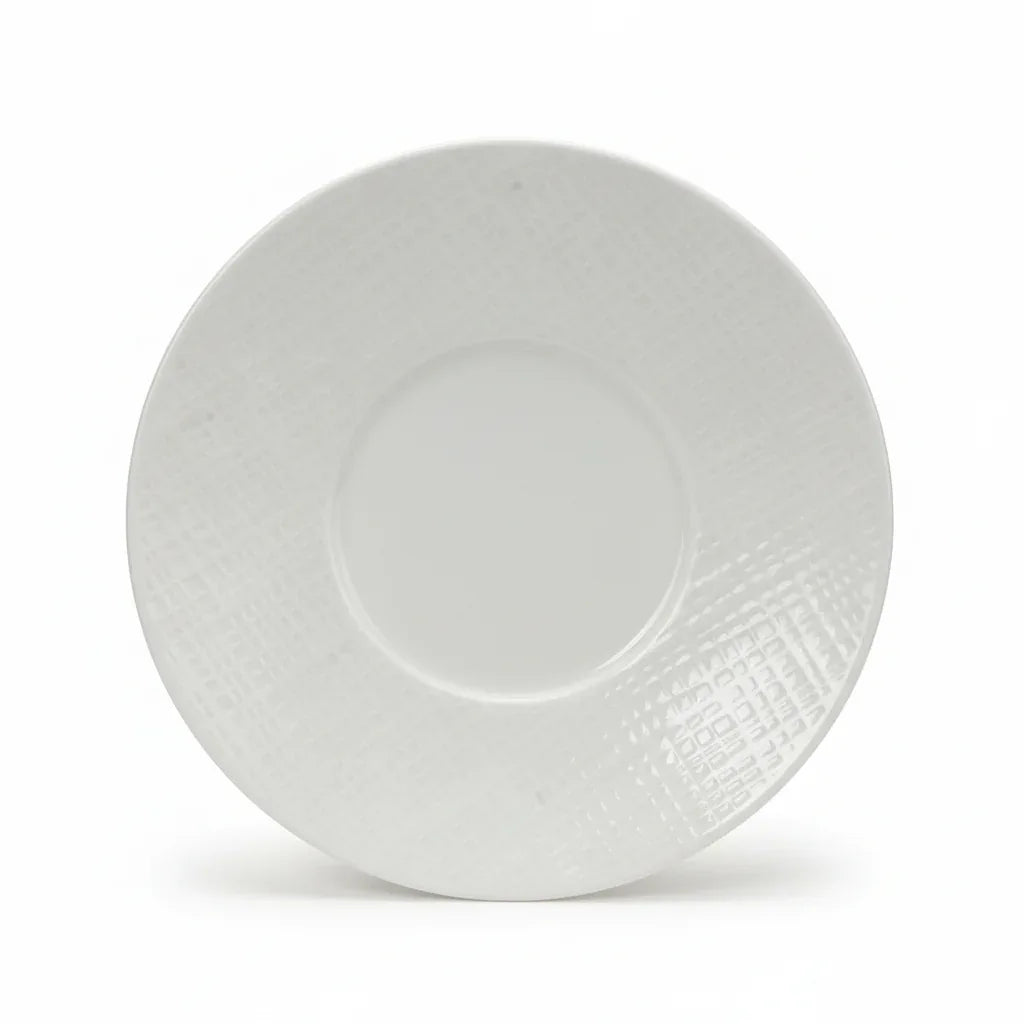 Bernardaud Organza tea saucer close-up showing woven fabric texture relief pattern