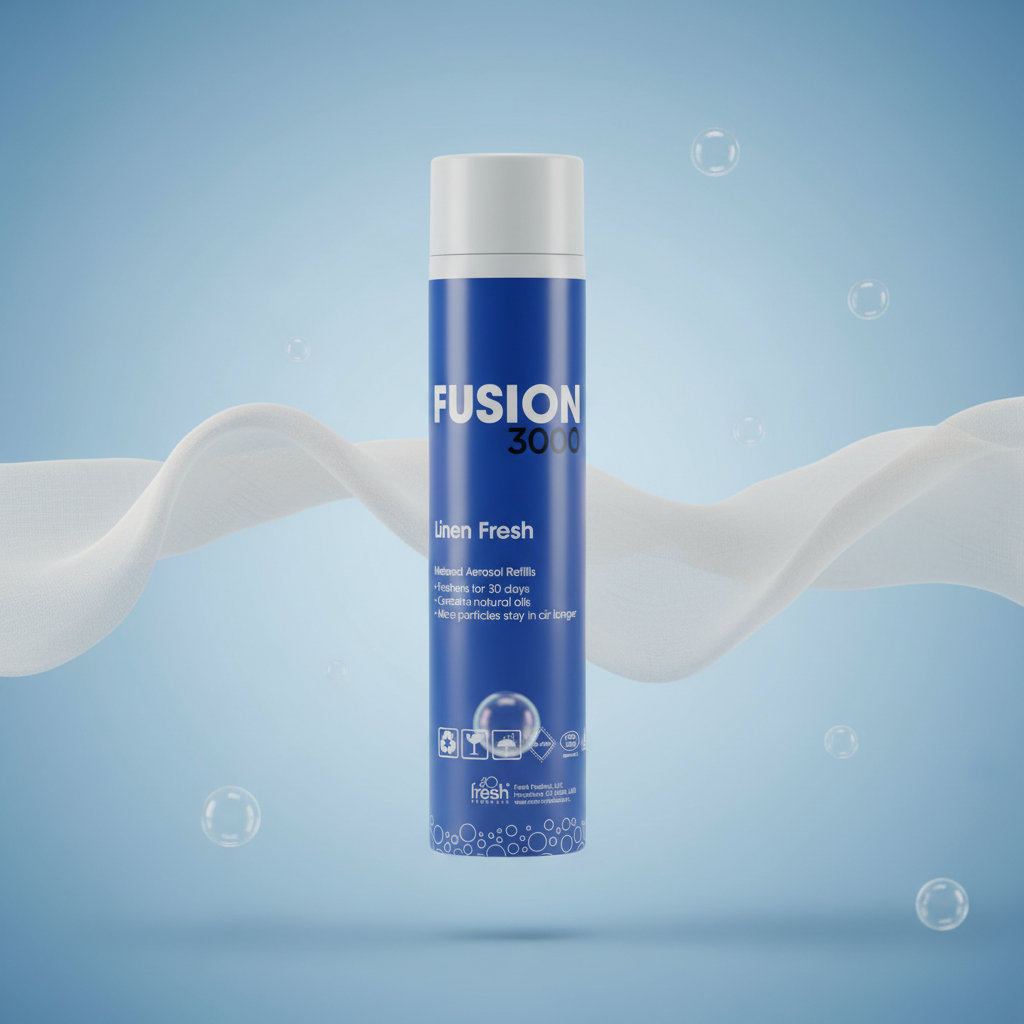 Fusion 3000 Linen Fresh aerosol can sky blue editorial with white linen wisps and bubble accents – More4less Outlet