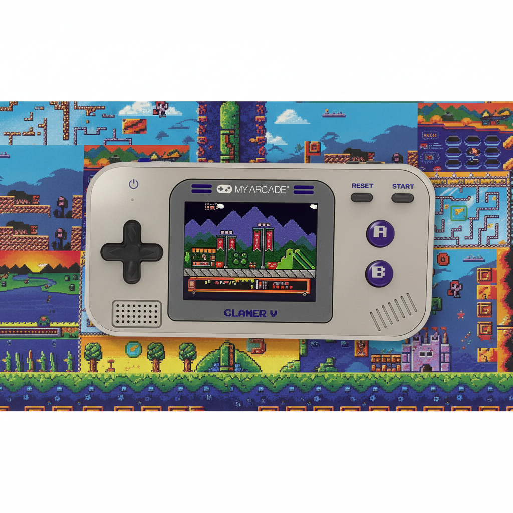 My Arcade Gamer V Classic handheld retro gaming system flat lay on colorful pixel art background — More4less Outlet lifestyle image