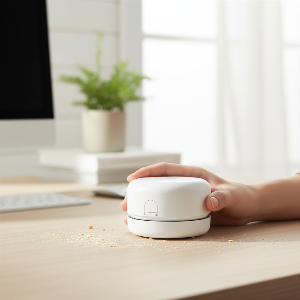 Person's hand holding a compact white circular mini desktop vacuum over a wooden desk surface with crumbs and dust
