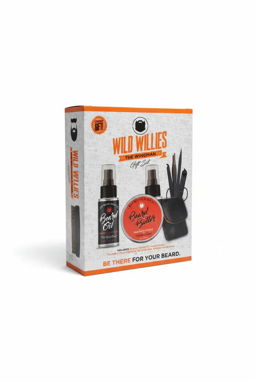 Wild Willies The Wingman Beard Grooming Gift Set retail box on clean white studio background