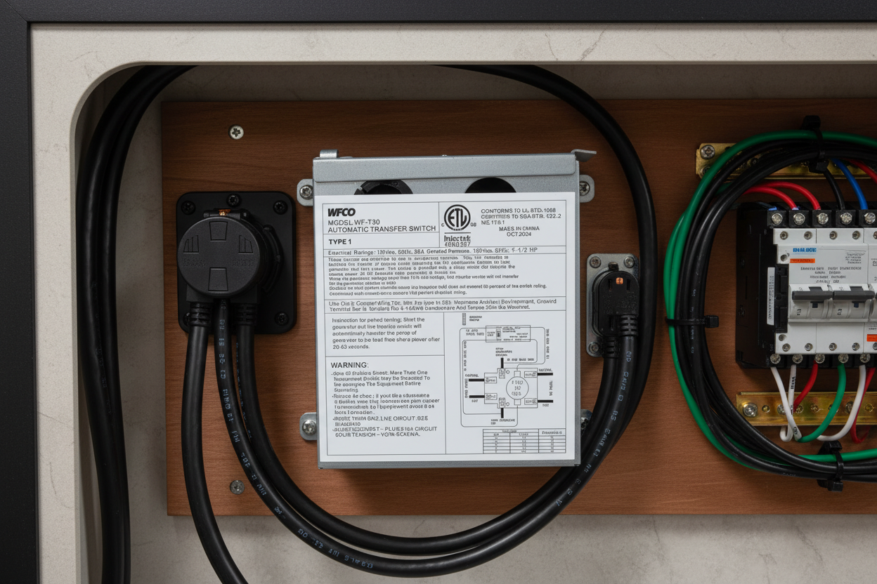 WFCO WF-T30 automatic transfer switch mounted inside RV electrical compartment with shore power and generator connections