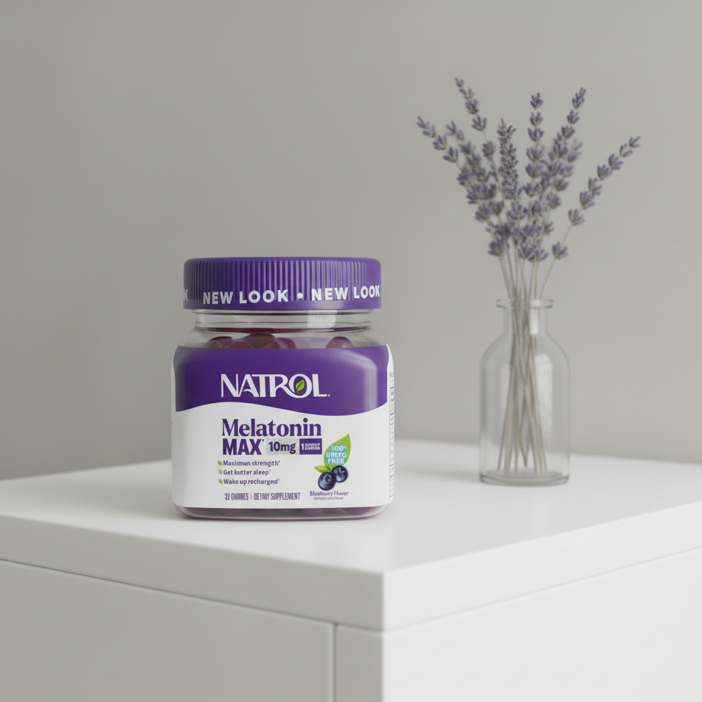 Natrol Melatonin MAX 10mg on clean white vanity shelf next to dried lavender sprig in small vase