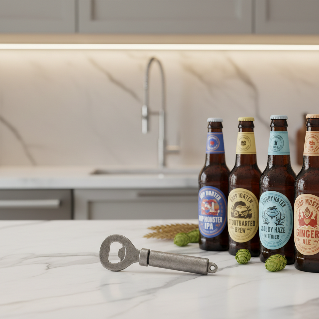 Heavy-duty zinc bottle opener on clean marble kitchen counter next to craft beer bottles modern kitchen lifestyle product photography