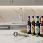 Heavy-duty zinc bottle opener on clean marble kitchen counter next to craft beer bottles modern kitchen lifestyle product photography