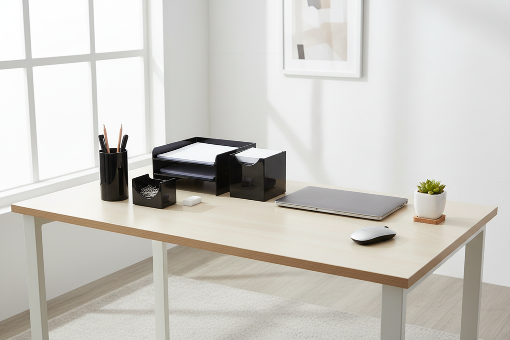Officemate black plastic desk organizer set on clean organized home office desk with natural light