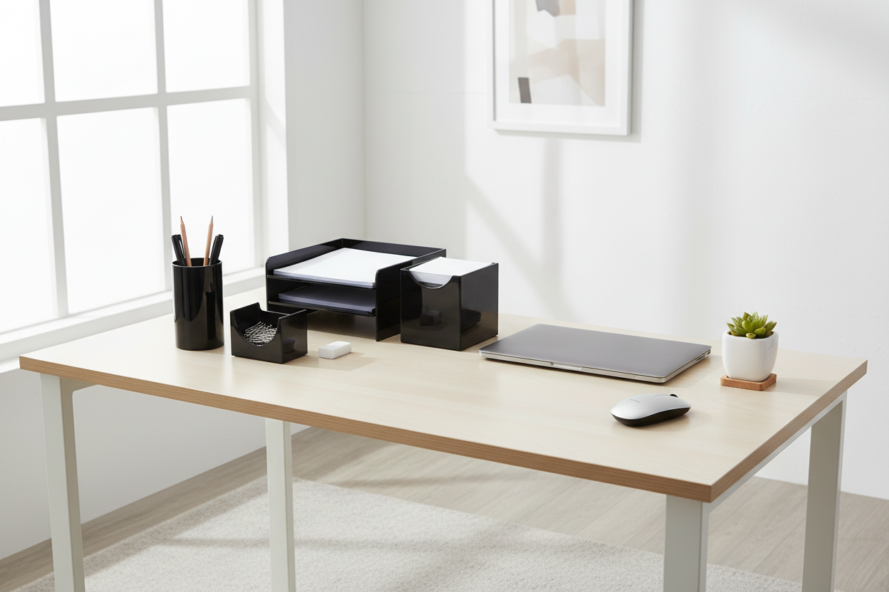 Officemate black plastic desk organizer set on clean organized home office desk with natural light