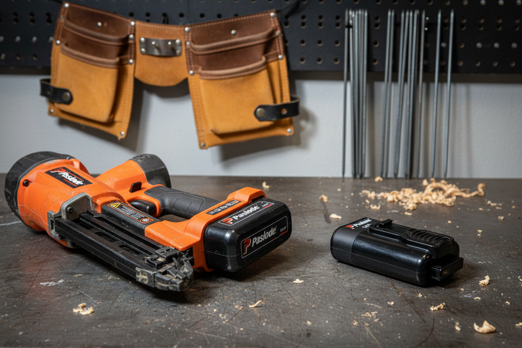 Two Paslode 7.2V Li-ion batteries one installed in nailer one spare on dark steel workshop surface - More4less Outlet