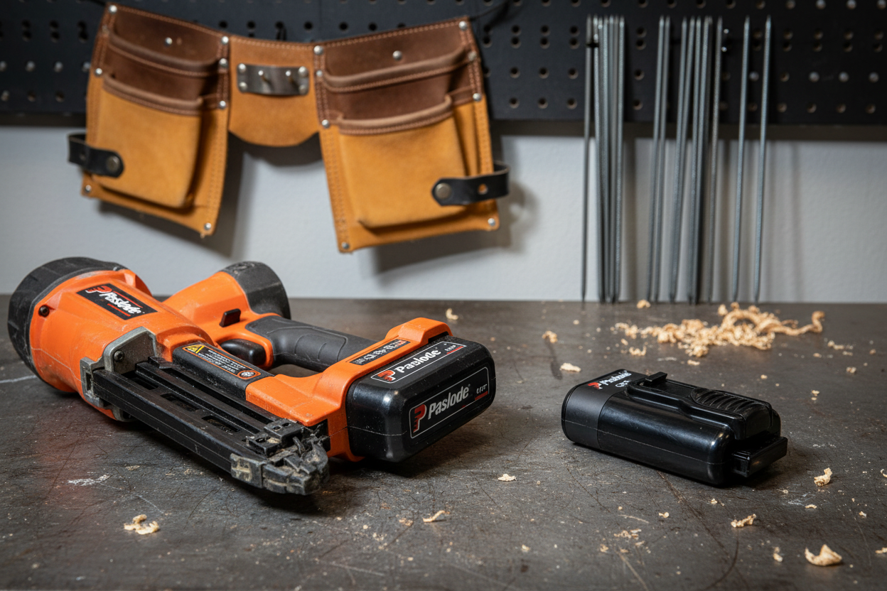 Two Paslode 7.2V Li-ion batteries one installed in nailer one spare on dark steel workshop surface - More4less Outlet
