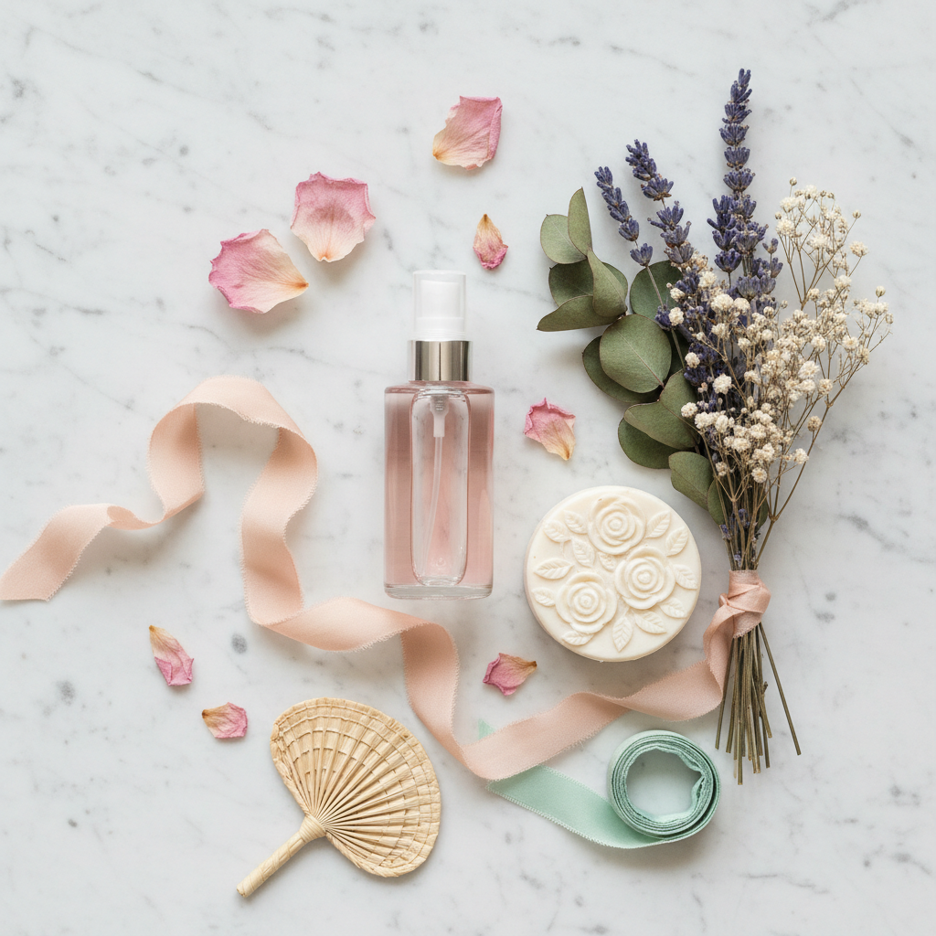 Lifestyle image - clear spray bottle in summer gift basket with floral soap and dried botanicals on white marble, gifting editorial for visual context only