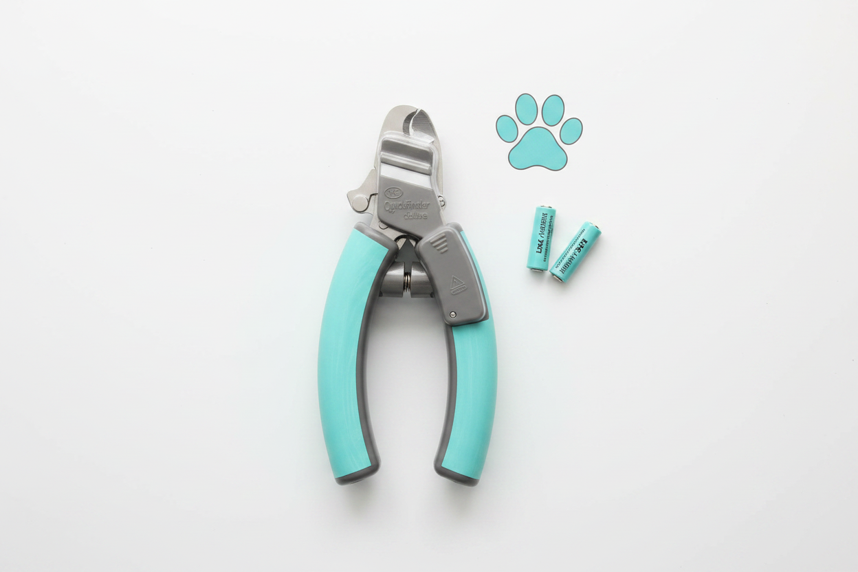 Miracle Care QuickFinder Deluxe dog nail clipper flat lay with included LR44 batteries — battery-operated QuickSensor nail clipper ready to use