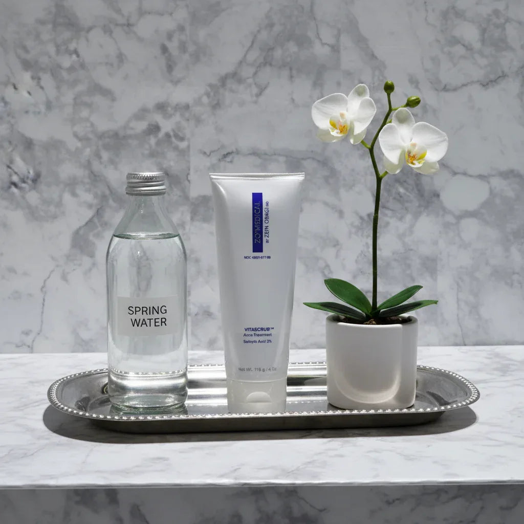 ZO Medical Vitascrub on professional apothecary tray with spring water and orchid