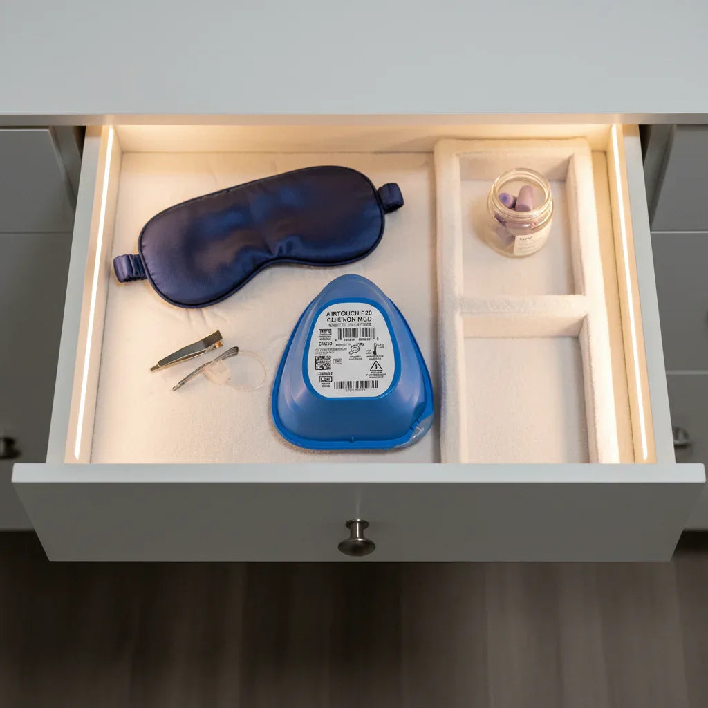 ResMed AirTouch F20 cushion in organized white wellness drawer with sleep accessories like eye mask and earplugs