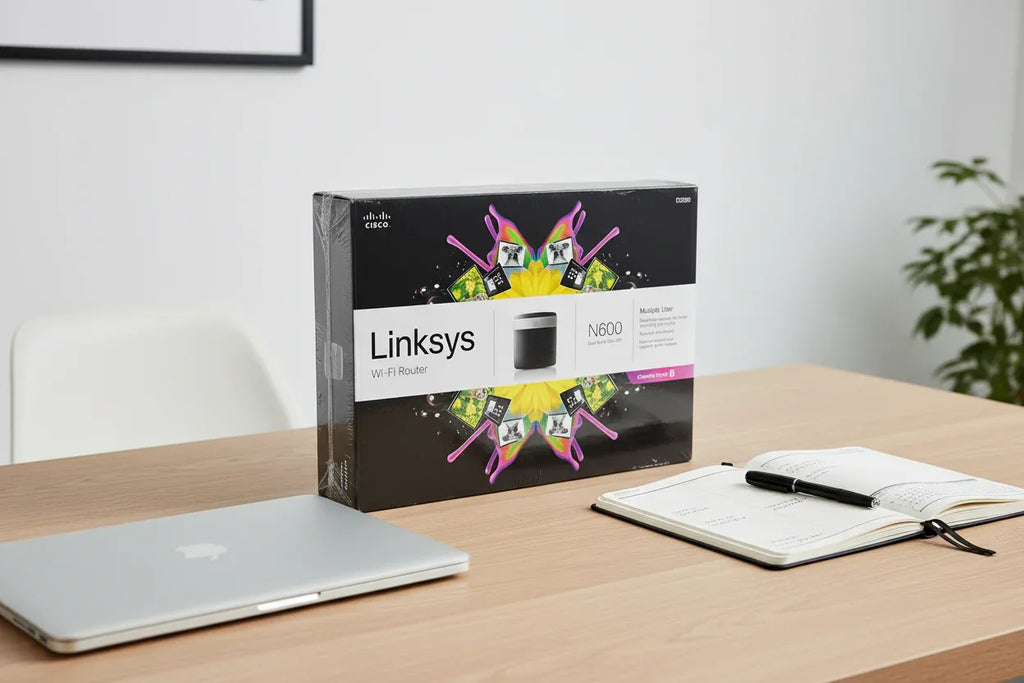 Cisco Linksys E2500 N600 Router box on light-oak home office desk with silver laptop and open planner — More4less Outlet