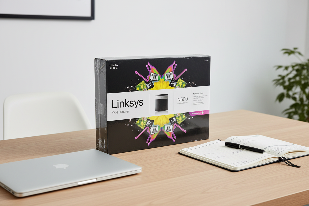 Cisco Linksys E2500 N600 Router box on light-oak home office desk with silver laptop and open planner — More4less Outlet