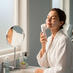 Lifestyle — woman with glowing skin using white electric facial cleansing brush at bright bathroom mirror, soft morning light — editorial skincare lifestyle for visual context only