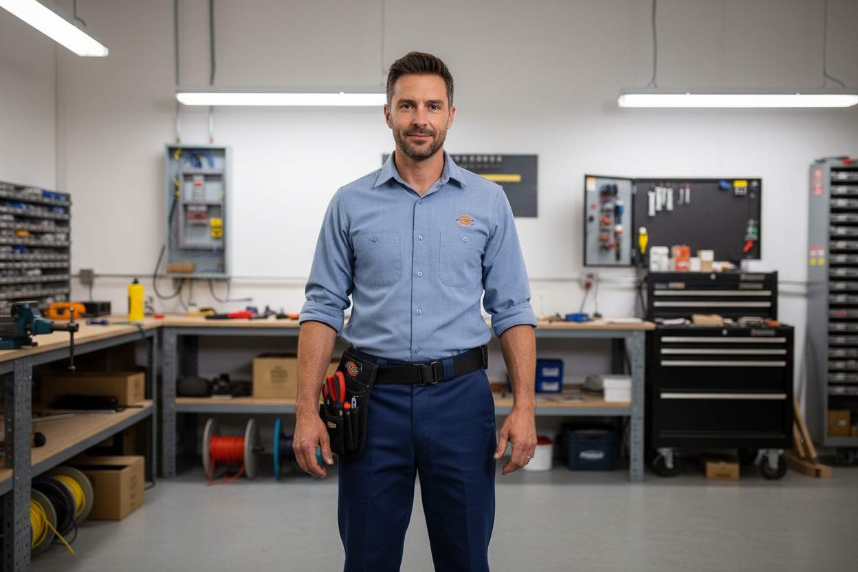Dickies 874 Original Fit Work Pant navy worn by trade professional in workshop setting – More4less Outlet