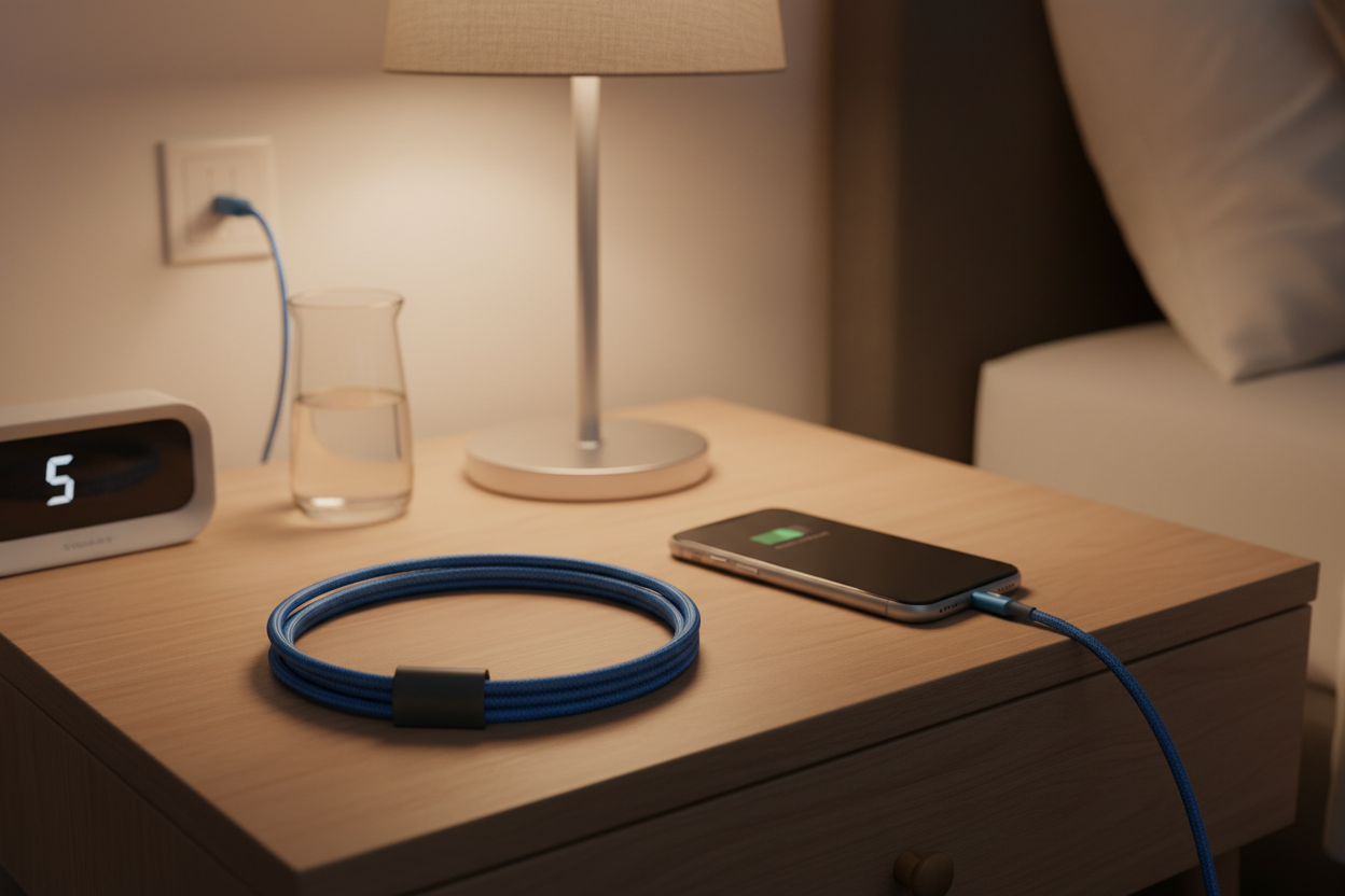 Belkin BoostCharge Pro Flex blue Lightning cable charging iPhone on nightstand with magnetic strap coiled — More4less Outlet