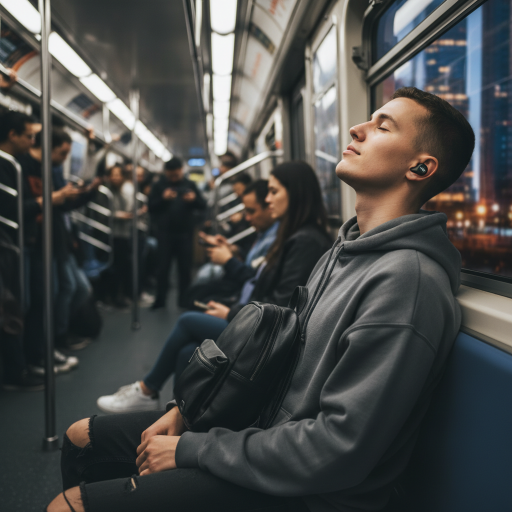 Person commuting on subway wearing black wireless earbuds for noise canceling