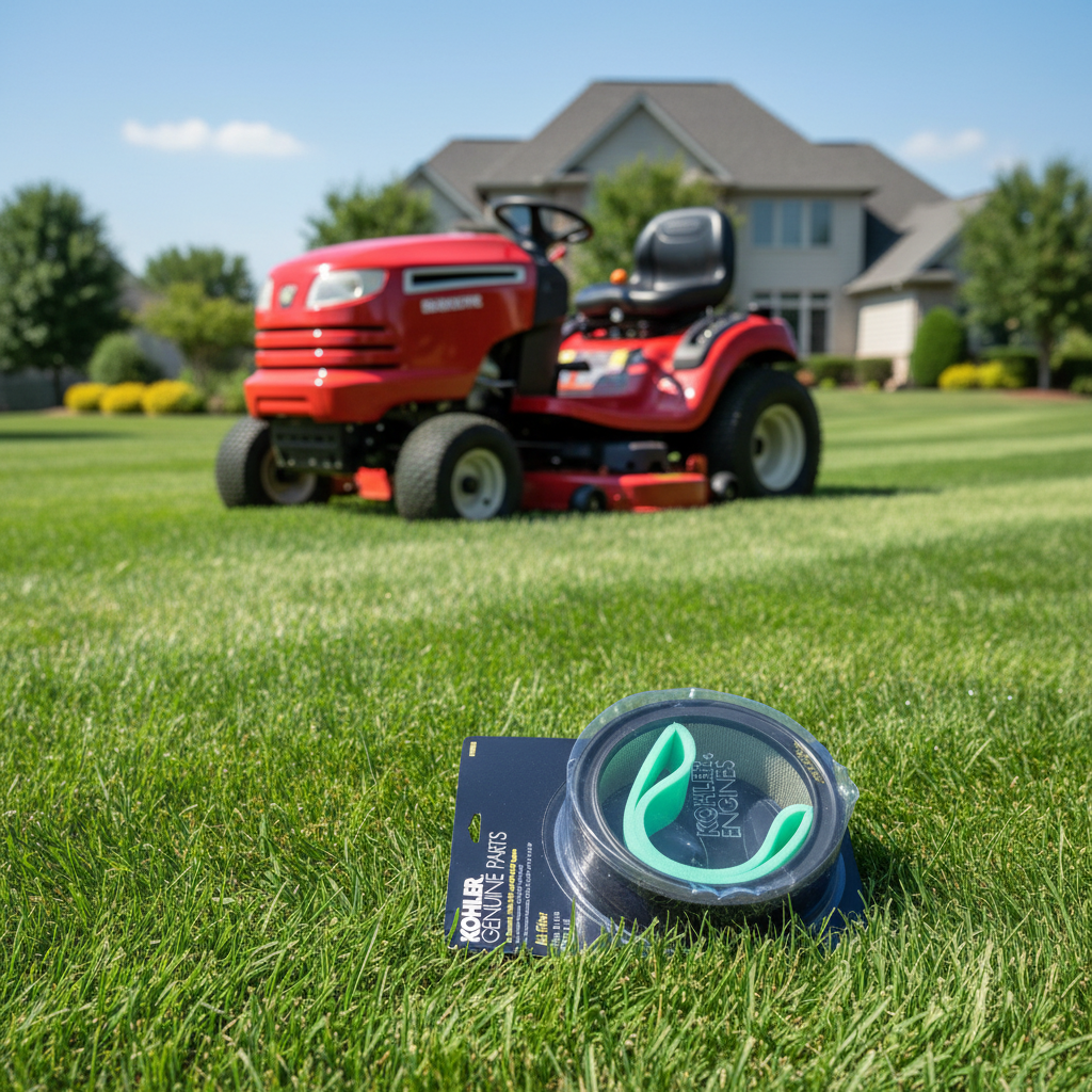 Riding lawn mower cutting lush green lawn with Kohler Genuine Parts Air Filter displayed in foreground