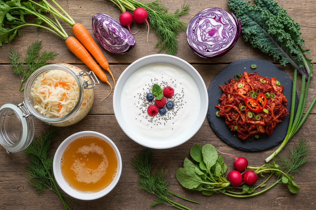 Probiotic-rich foods including kefir kimchi sauerkraut and kombucha - natural gut health ingredients
