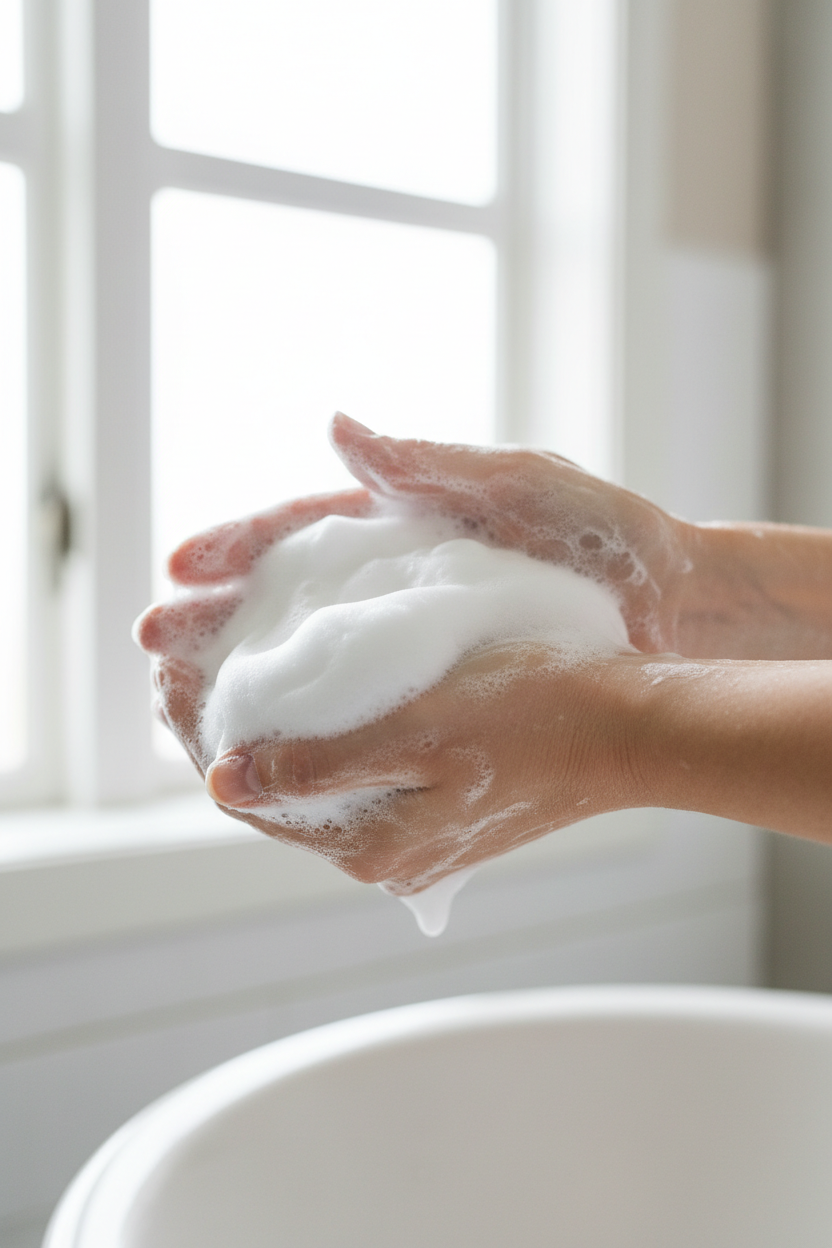 Close-up of hands lathering rich white hypoallergenic soap foam