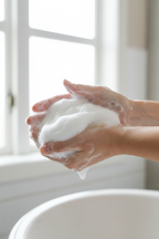 Close-up of hands lathering rich white hypoallergenic soap foam