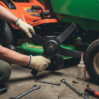Person installing black steel mower blade riding lawn tractor deck star center hole garage floor DIY lawn mower maintenance hands-on repair - More4less Outlet