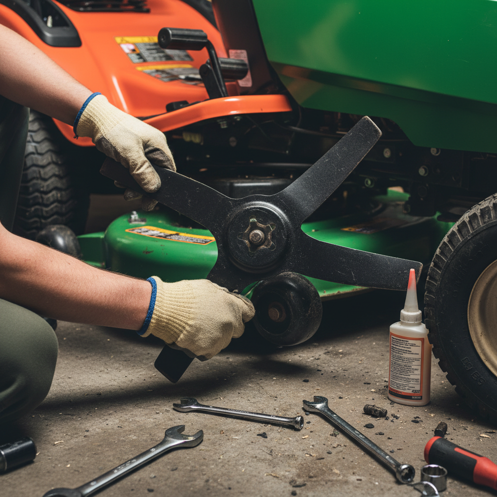 Person installing black steel mower blade riding lawn tractor deck star center hole garage floor DIY lawn mower maintenance hands-on repair - More4less Outlet
