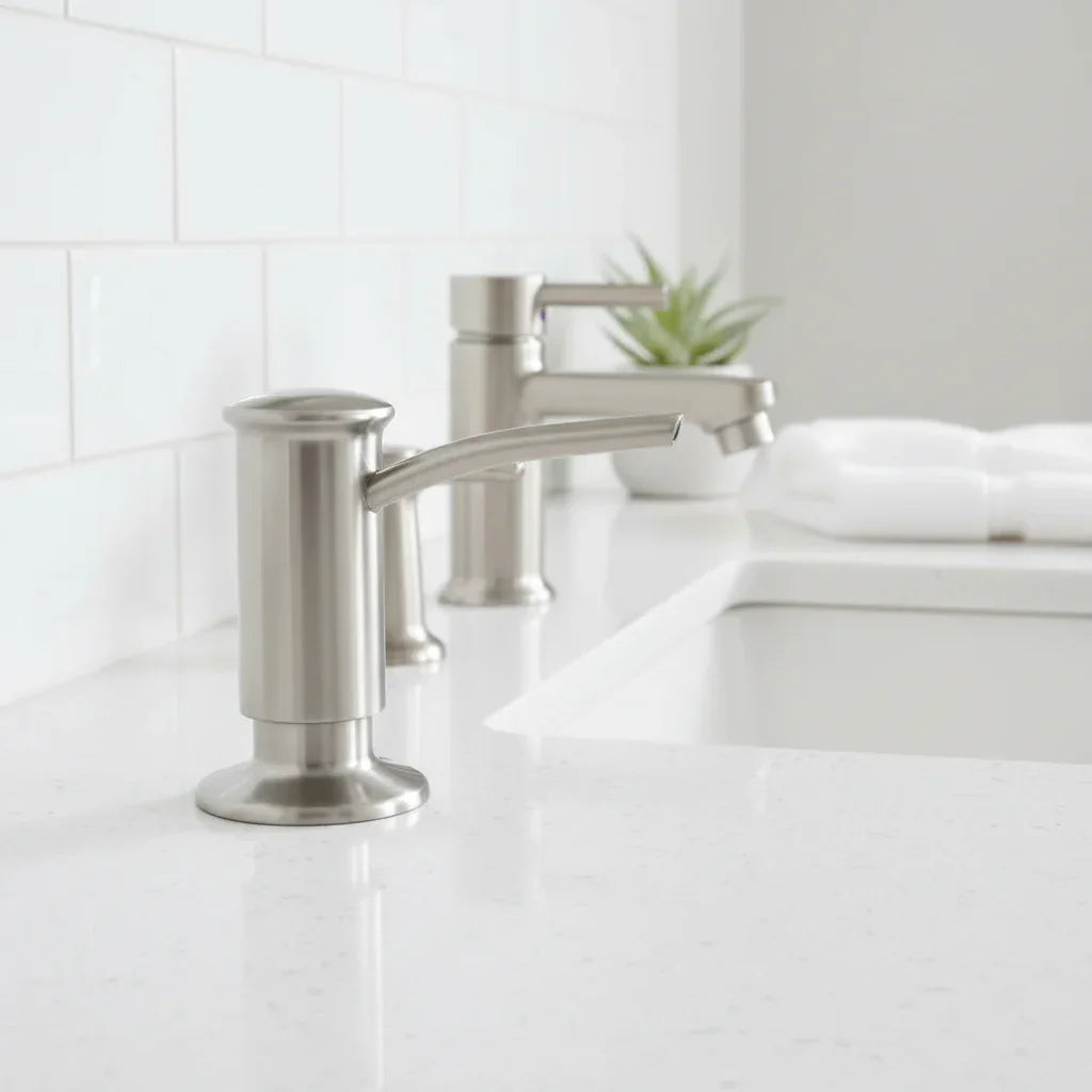 Professional hardware install staging showing a sink-deck mounted Kohler liquid soap dispenser in brushed stainless