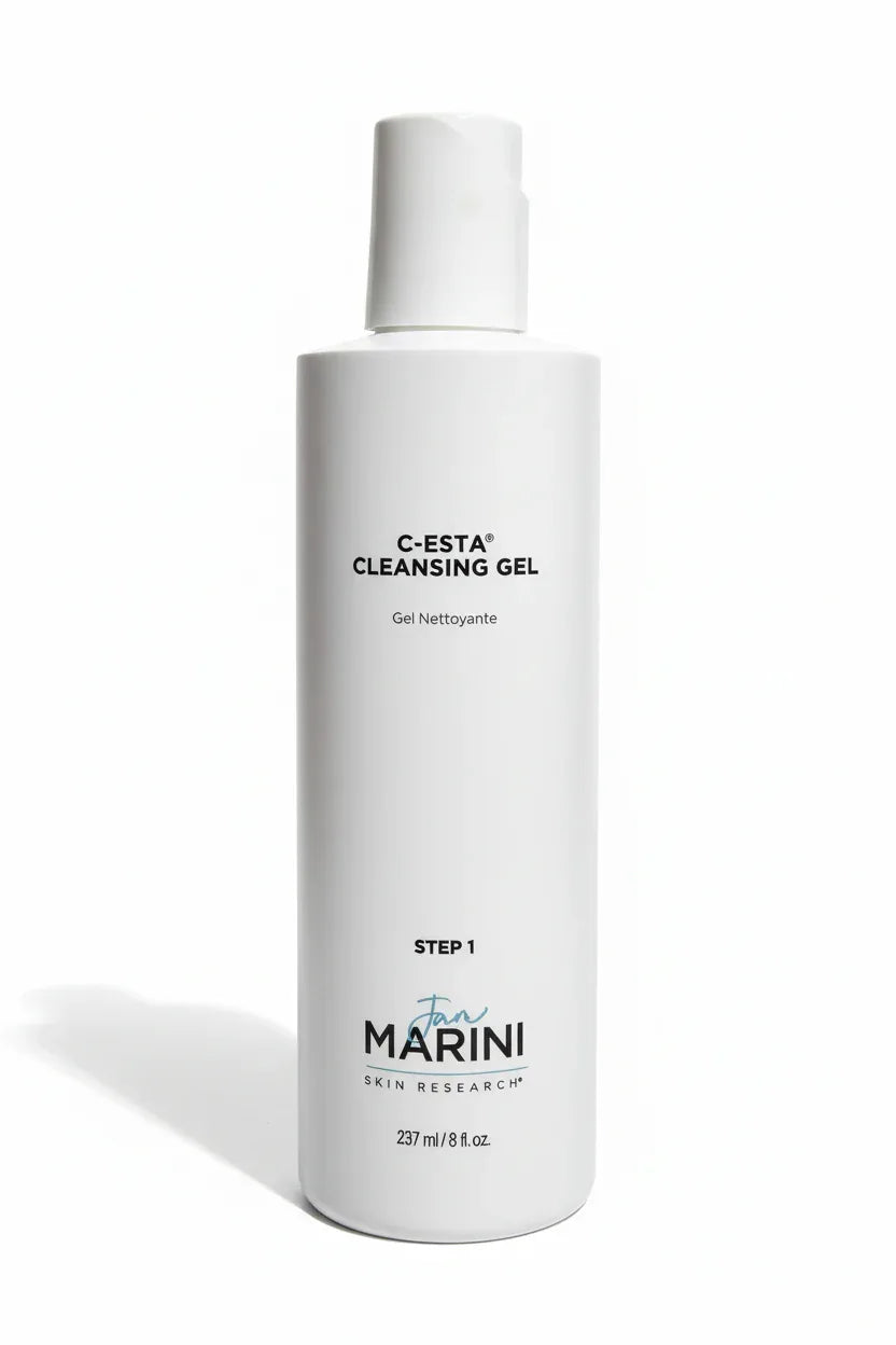 Jan Marini C-ESTA Cleansing Gel close-up hero shot white pump bottle