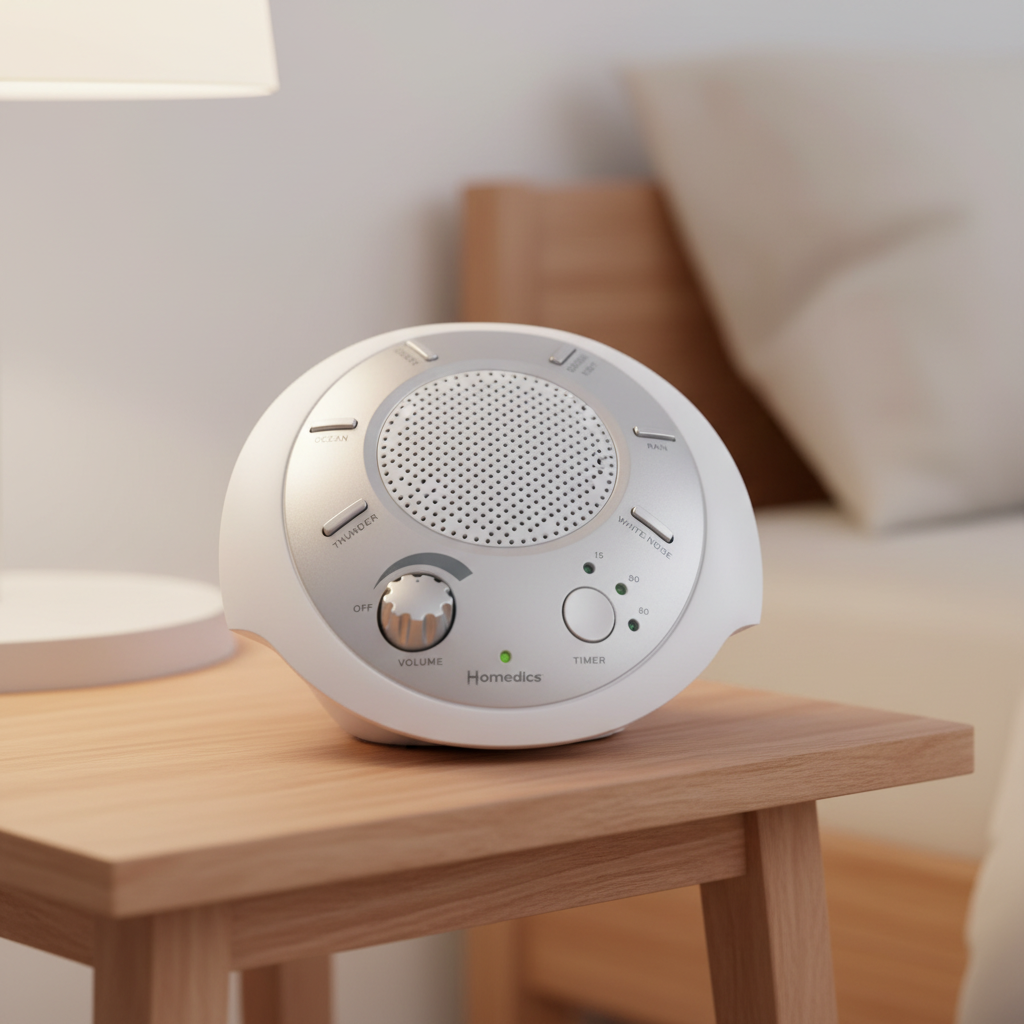 HoMedics SoundSleep portable sound machine on a neutral bedside table