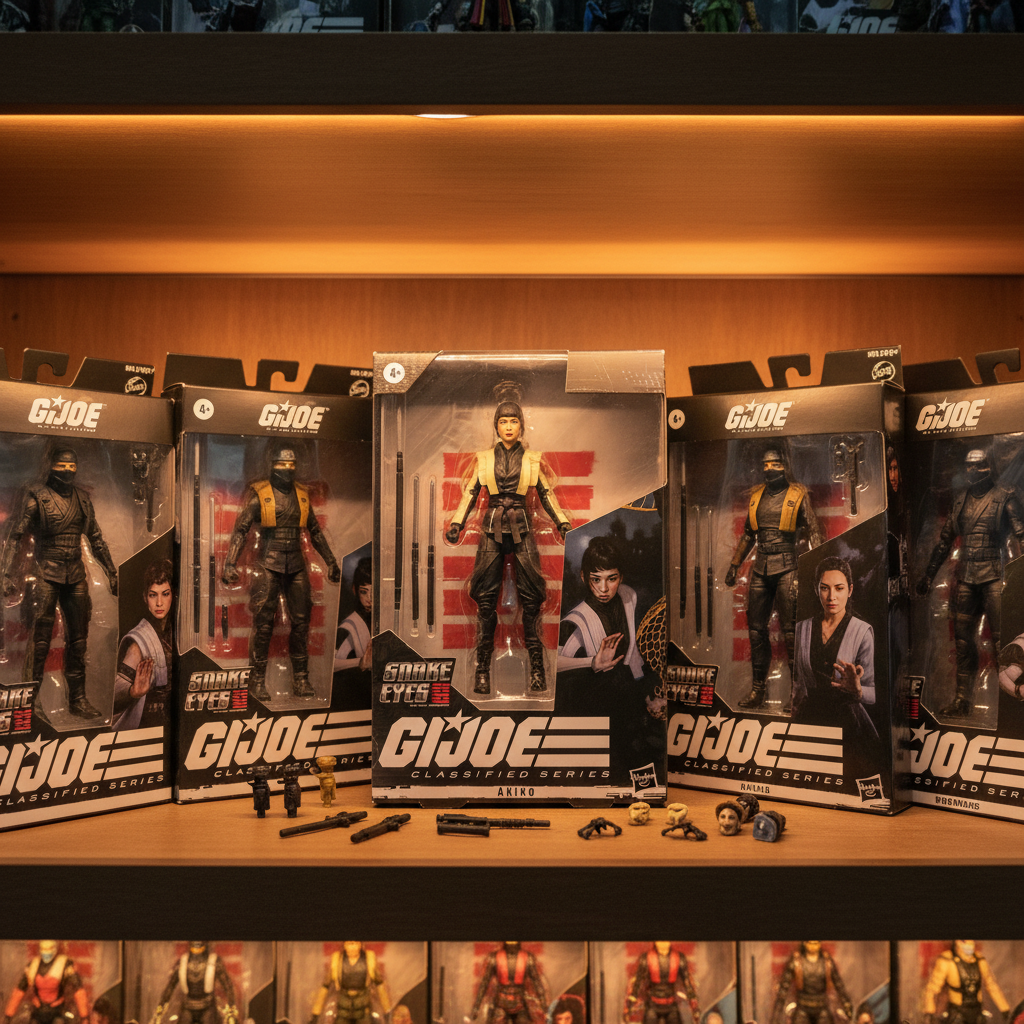 G.I. Joe Classified Series Akiko figure in original box displayed on a collector shelf among other G.I. Joe Classified Series figures — More4less Outlet