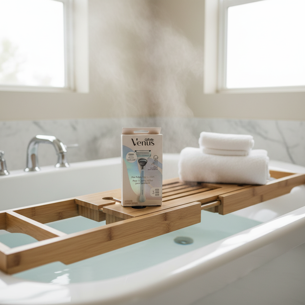 Gillette Venus Pubic Hair & Skin Razor Kit on wood bathtub tray near porcelain soaking tub with spa towels