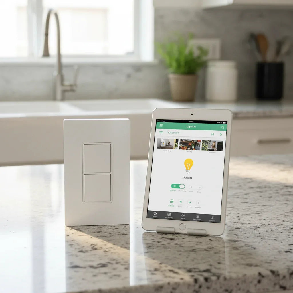 Quirky + GE Tapt Smart Switch on grey granite countertop next to tablet showing home automation app interface under bright afternoon light