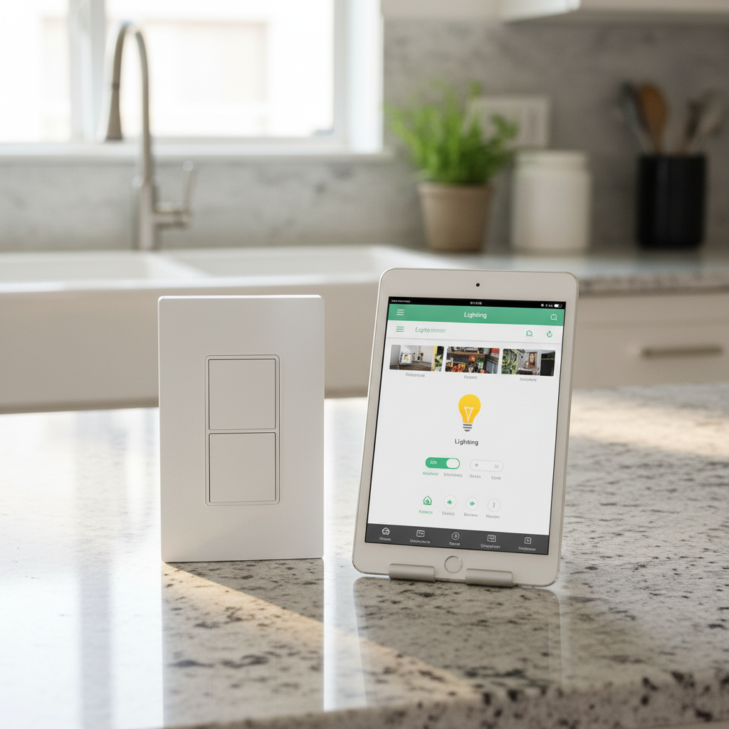 Quirky + GE Tapt Smart Switch on grey granite countertop next to tablet showing home automation app interface under bright afternoon light