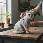 Pet owner adjusting small grey cat vest on relaxed cat on wooden table in bright room