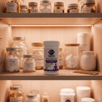 Garden of Life Mood Daily Care Probiotics bottle inside organized family health cupboard with soft interior shelf lighting and premium aesthetic health storage jars
