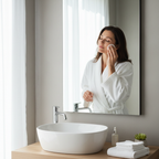 Woman sweeping a cotton pad across her face at a bright bathroom sink during her morning skincare routine
