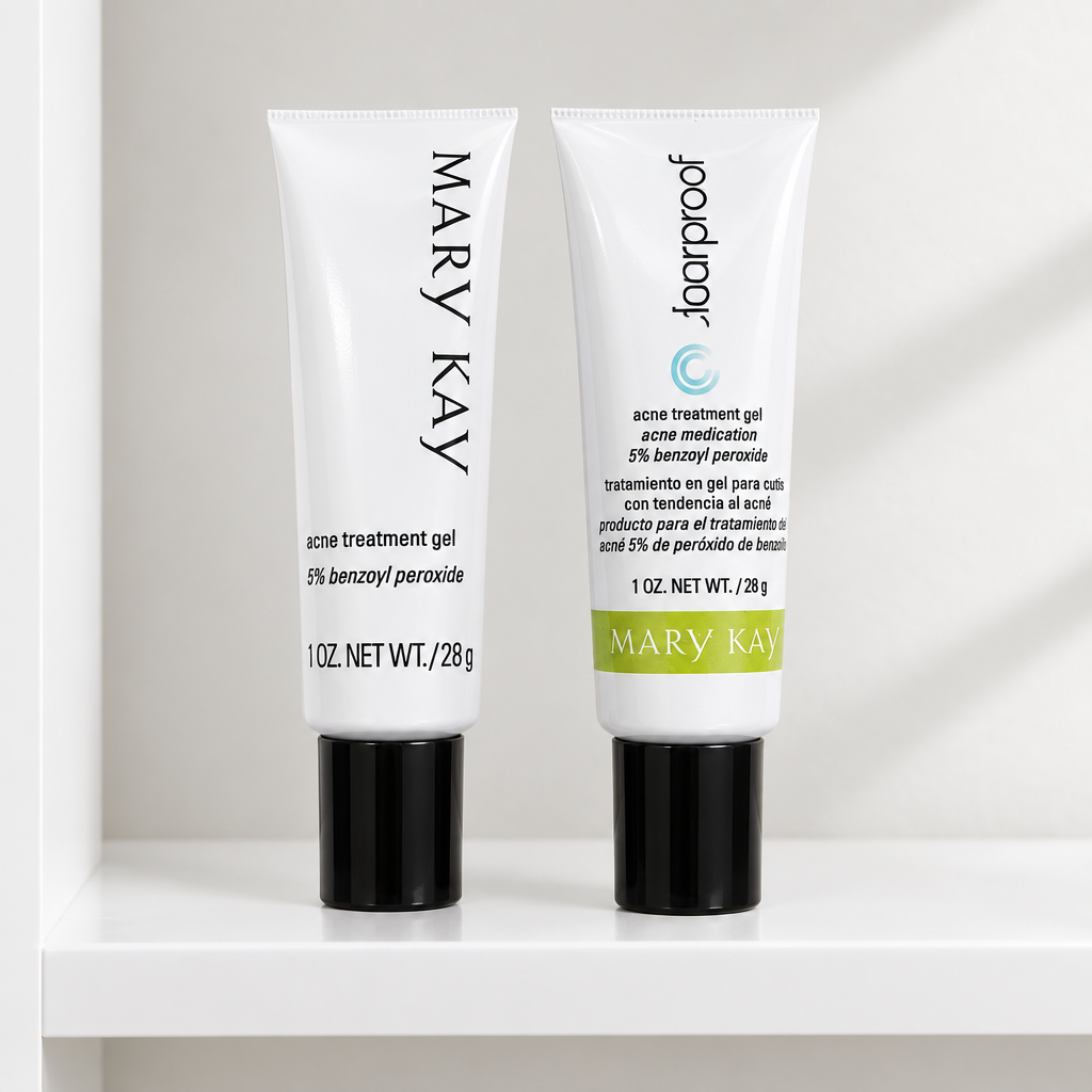 Mary Kay Acne Treatment Gel 5% tubes displayed on a clean bathroom shelf